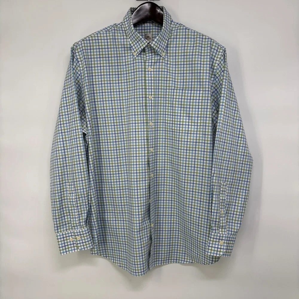 Peter Millar Nanoluxe Easy Care Mens XL Blue Green Tattersall Check Shirt Cotton